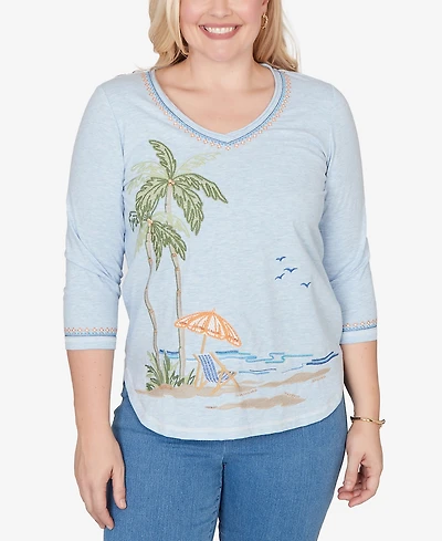 Alfred Dunner Plus Beachcomber Scenic Palm Tree Embroidered Top