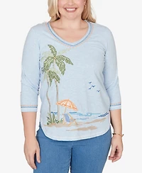 Alfred Dunner Plus Beachcomber Scenic Palm Tree Embroidered Top