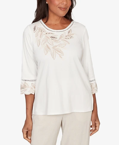 Alfred Dunner Plus Natural Wonder Embellished Leaf Ruffle Sleeve Top