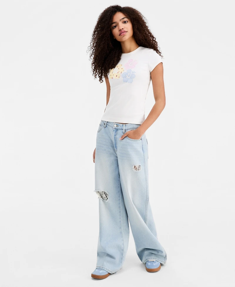 Vanilla Star Juniors' Lace-Trim Destructed Elastic-Back Jeans