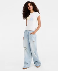 Vanilla Star Juniors' Lace-Trim Destructed Elastic-Back Jeans