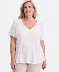 Jm Collection Plus Lace-Up V-Neck T-Shirt, Macy's Exclusive