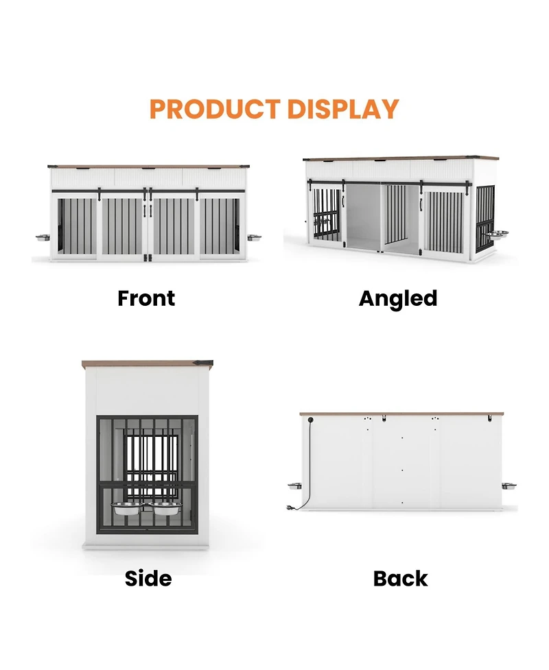 Aostirmotor 71" Double Dog Crate Furniture with Walnut Top, 3 Drawers, Outlet & Feeders