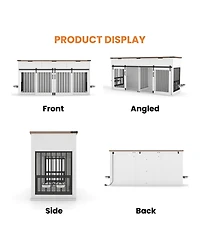 Aostirmotor 71" Double Dog Crate Furniture with Walnut Top, 3 Drawers, Outlet & Feeders