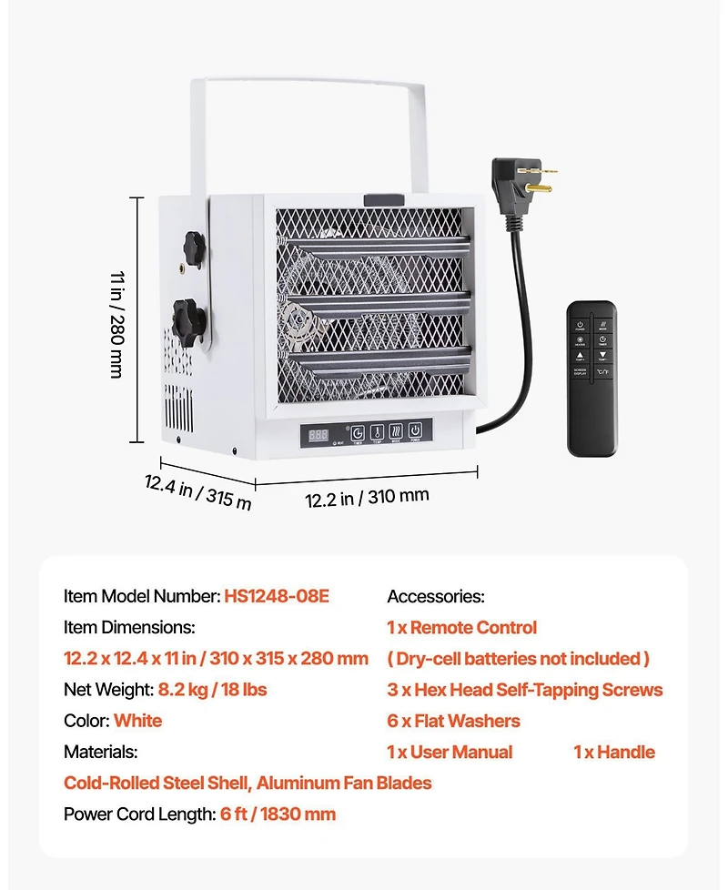 SUGIFTElectric Garage Heater 4800W with Remote Timer Overheat Protection 240V