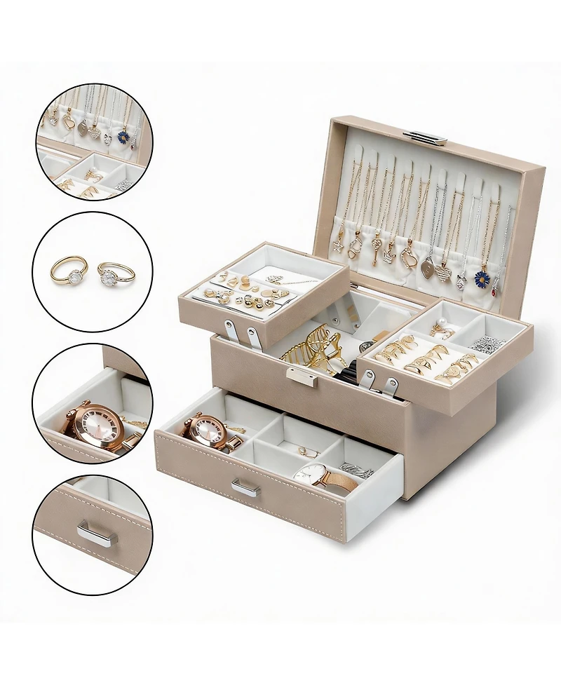 Yigii 3-Layer Jewelry Organizer Box for Women - Large Capacity, Pu Leather, Space-Saving