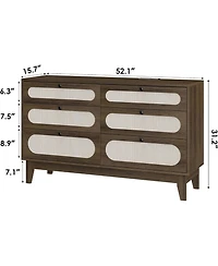gaomon Rattan Dresser for Bedroom, 6 Drawers Closet, Chests of Drawers, Oak Storage Dressers Cabinet Living Room, Entryway