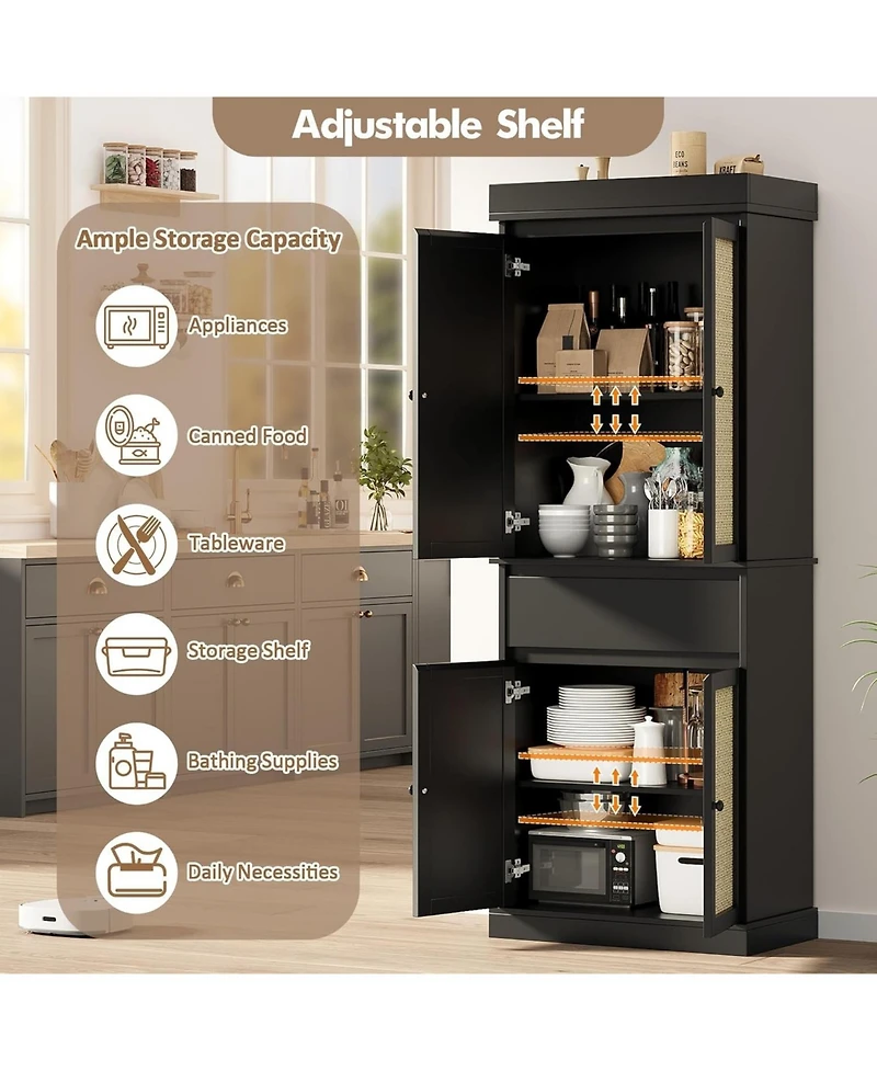 gaomon Tall Pantry Cabinet, Rattan Kitchen Pantry Storage Cabinet with Doors and Adjustable Shelves, 69" Freestanding Cupboard Cabinet with Drawer