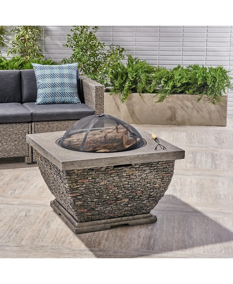 Flynama 32 Inch MgO Light-Weight Concrete Wood Burning Square Fire Pit Grey for Outdoor Patio Backyard