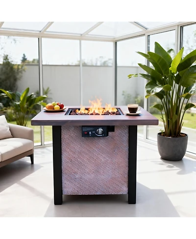 Flynama 25 Inch H 28 Inch Square Outdoor Patio Propane Fire Pit Table 50000 Btu Rattan Weave Grain Csa Certified with Tabletop Cover