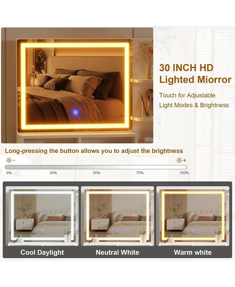 Gaomon 5 Drawer Makeup Vanity Desk Lights & Power Outlet, Modern Fluted Design for Bedrooms, Apartments, Easy to Assemble