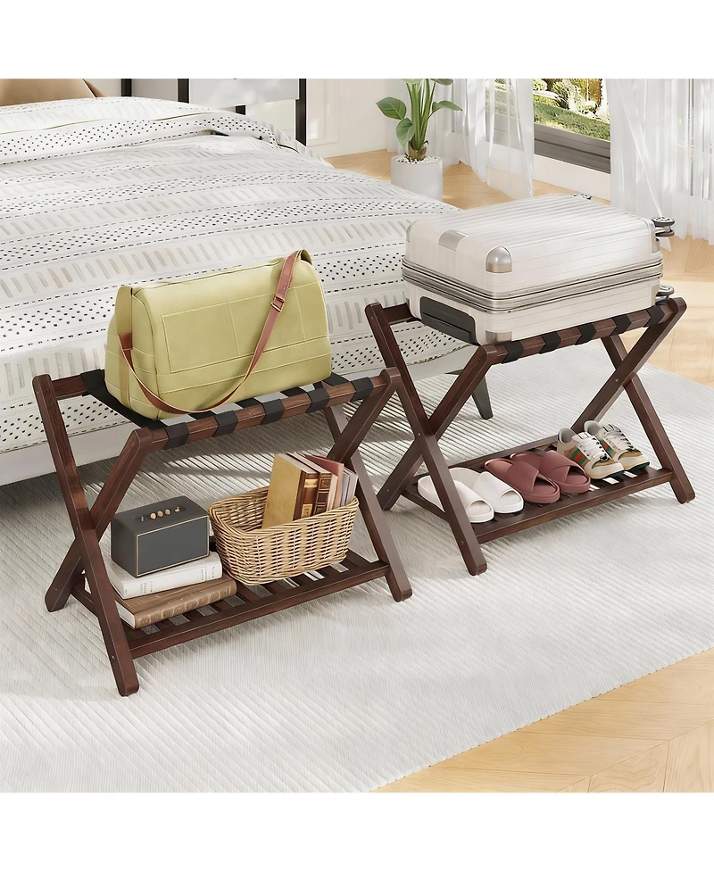 Yigii Bamboo Foldable Luggage Rack with Nylon Straps for Dual-Layer Storage