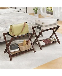 Yigii Bamboo Foldable Luggage Rack with Nylon Straps for Dual-Layer Storage
