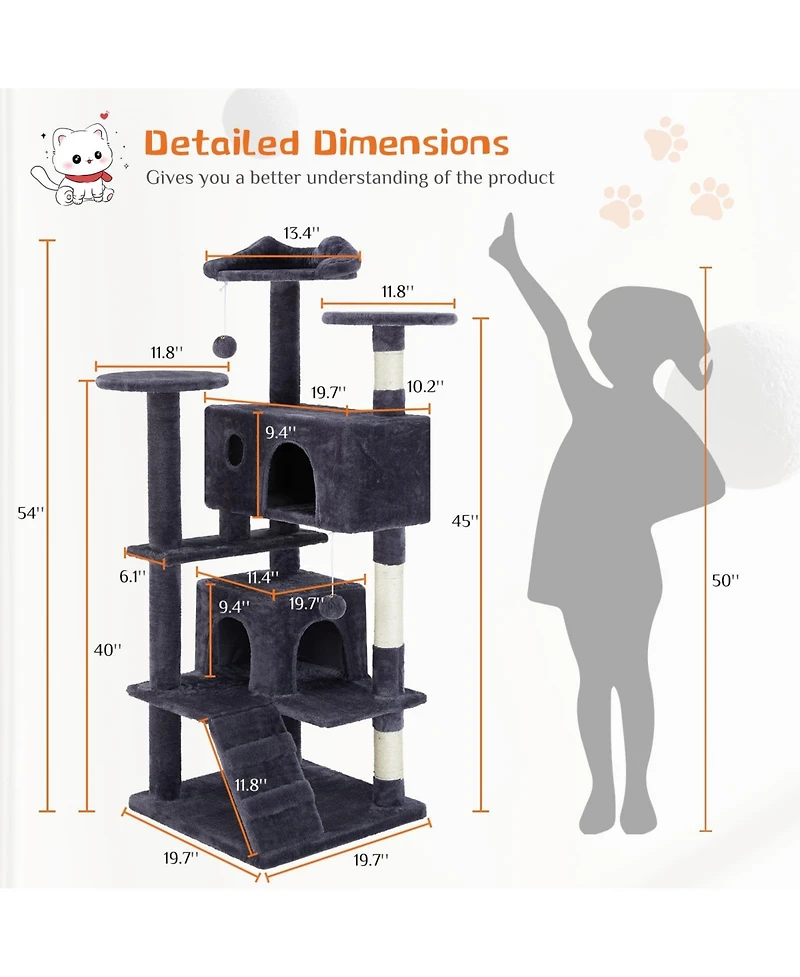 Zeus & Ruta 54in Dark Blue Multi-Functional Cat Tree: Climbing Frame, Lounge, Detachable Toy
