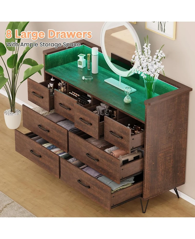 gaomon Dresser for Bedroom with Led Light & Charging Station, 8 Drawers Wooden Dressers Open Space, Modern Chest of Wide Living Room