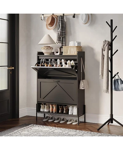 gaomon Shoe Cabinet with 2 Flip Drawers, Narrow Freestanding Shoe Storage Organizer for Entryway, Dry and Wet Separation Shoe Rack with Metal