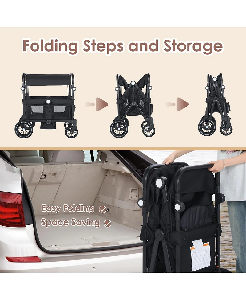 Kinder King Wagon Stroller for Two Kids with Adjustable Handle, All-Terrain Wheels, Tray and Storage, Grey