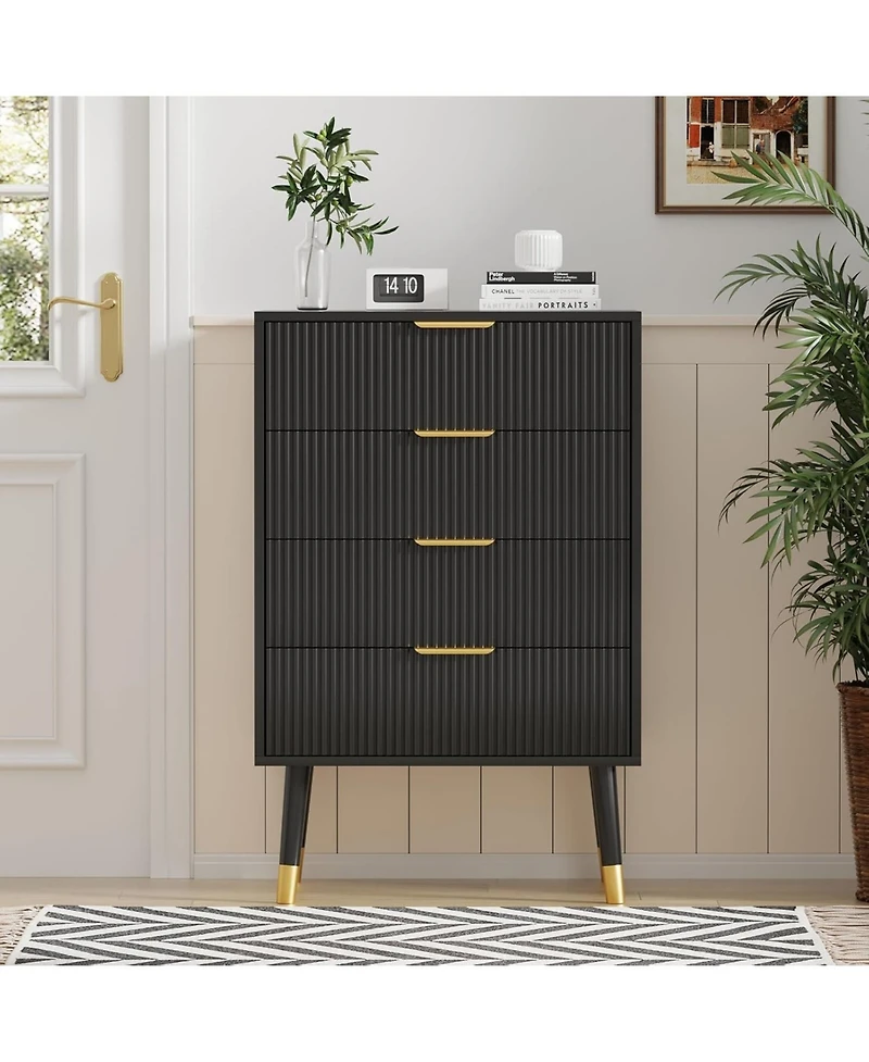 gaomon fluted 4-drawer tall dresser with gold metal handles, wooden storage chest organizer for bedroom or living room