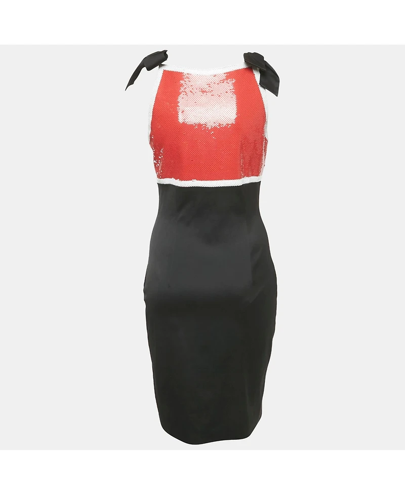 Pre-Owned Moschino Womens Couture Black Satin Contrast Sequined Bow Detail Mini Dress