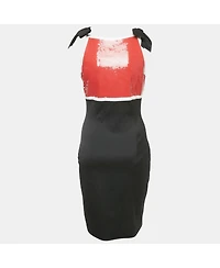 Pre-Owned Moschino Womens Couture Black Satin Contrast Sequined Bow Detail Mini Dress