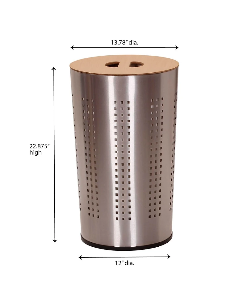 Household Essentials Round Metal Hamper with Engineered Wooden Lid, Stainless Steel