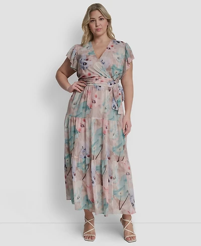 Dkny Plus Ruffle Short-Sleeve V-Neck Tie Waist Maxi Dress