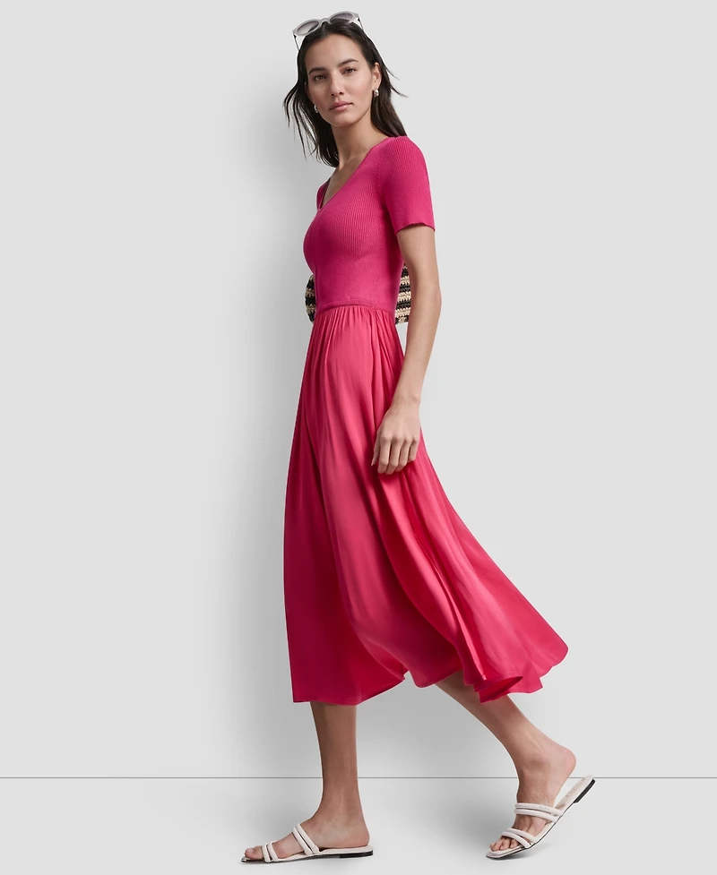 Dkny Women's Short-Sleeve Mixed Media Midi Sweater Dress