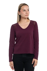 Wilt Clothing Women's V-Neck Long Sleeve Mixed Media Tee