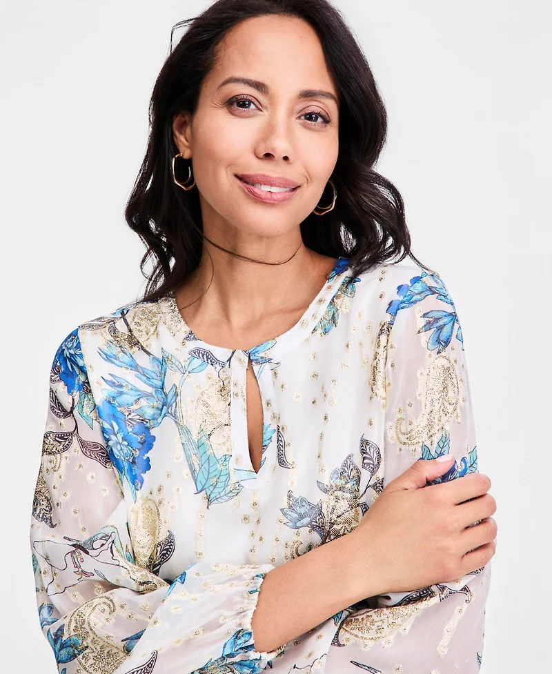 Jm Collection Women's Printed Clip-Dot Keyhole-Neck Blouse, Macy's Exclusive