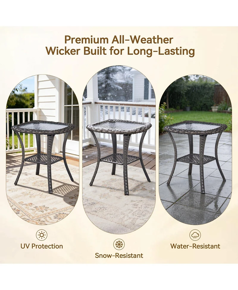Gymojoy ArcLine Square Wicker Outdoor Side Table with Tempered Glass Top