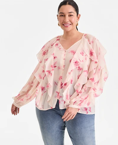 I.n.c. International Concepts Plus Printed V-Neck Ruffled Blouse, Created for Macy's