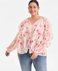I.n.c. International Concepts Plus Printed V-Neck Ruffled Blouse, Created for Macy's