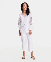 Jm Collection Womens Beaded Split Neck Top Cropped Drawstring Wide Leg Pants Macys Exclusive