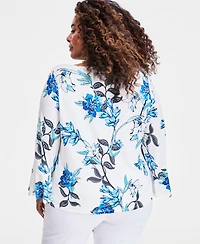 Jm Collection Plus Winding Leaves Flare Sleeve Boat Neck Top