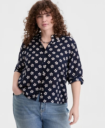 On 34th Trendy Plus Size Bloom Print Cropped Shirt, Macy's Exclusive
