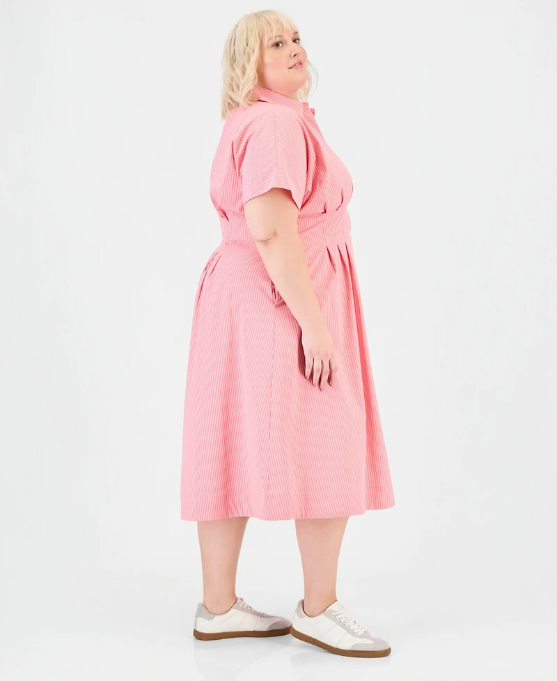 On 34th Trendy Plus Pinstriped Pleated-Waist Midi Shirtdress, Macy's Exclusive
