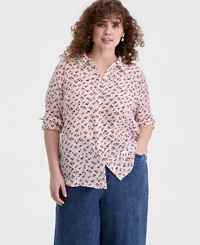 On 34th Trendy Plus Size Cherry Print Silky Shirt, Macy's Exclusive