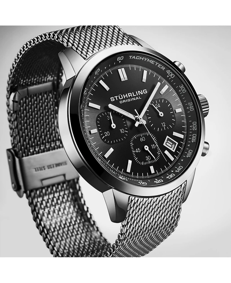 Stuhrling Chronoport 4082 Men s Quartz Chronograph Watch, 44mm Stainless Steel Mesh Bracelet