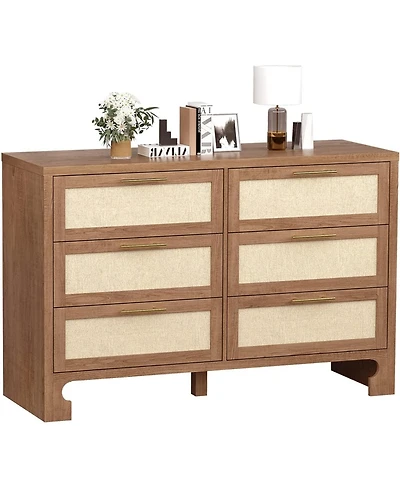 gaomon 6 Drawers for Bedroom, 47.2 Inch Chest of Dressers, Farmhouse Burlap Wide Closet Dressers Chest of Drawers, Modern Clothes Storage Tower