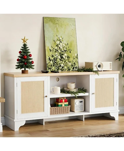 gaomon Rattan Tv Stand for 65 Tv, Boho Entertainment Center with Cabinets & Open Shelves