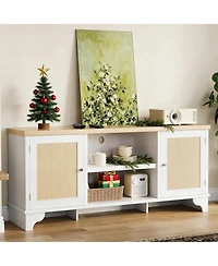 gaomon Rattan Tv Stand for 65 Tv, Boho Entertainment Center with Cabinets & Open Shelves