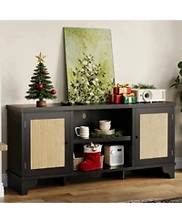 gaomon Rattan Tv Stand for 65 Tv, Boho Entertainment Center with Cabinets & Open Shelves