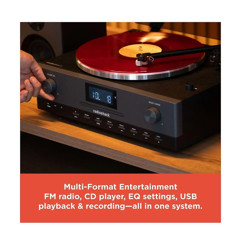 RadioShack Turntable With Professional Style 4001798: 3-Speed Vinyl Record Player Fm, Cd Player, Usb, Bluetooth, Two Detachable Speakers Included