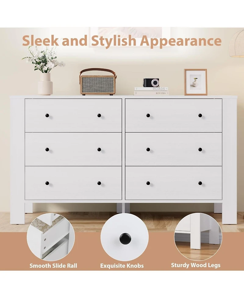 gaomon Oak 6 Drawer Dresser for Bedroom, Modern Wide Organizer with Storage Drawers, Entryway