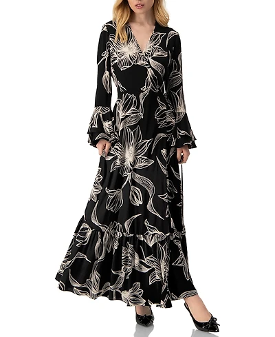 Ivonne Women's Long Black Dress with Floral Print