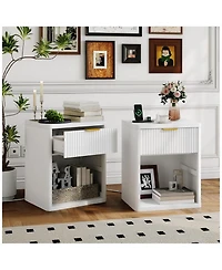 gaomon Set of 2 White Fluted Nightstands, Bedside Table with Charging Station Drawers & Open Storage