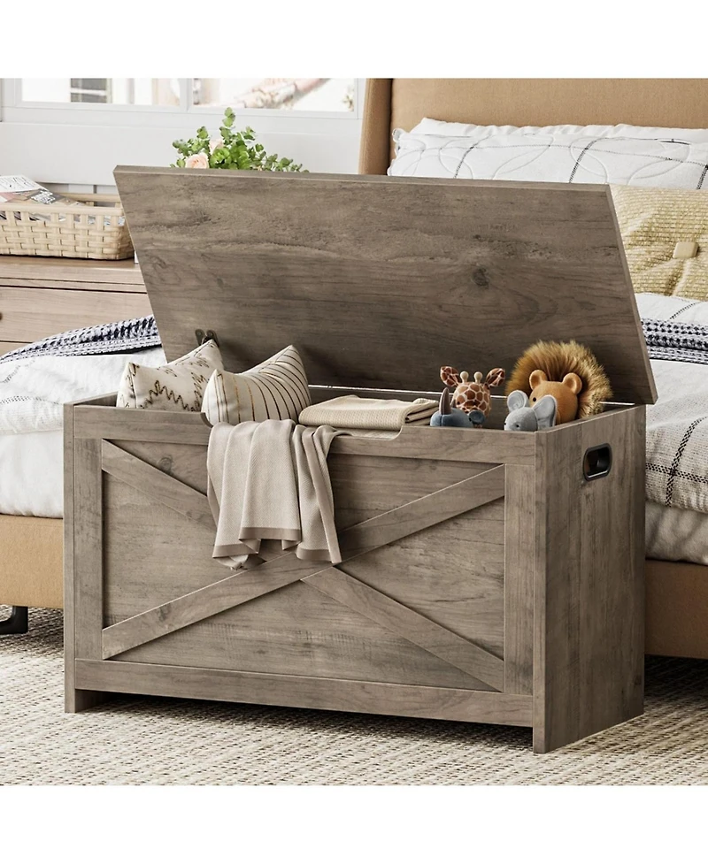 gaomon Wooden Storage Chest, Safety Hinge Toy Box Storage Bench for Entryway & Bedroom, Grey