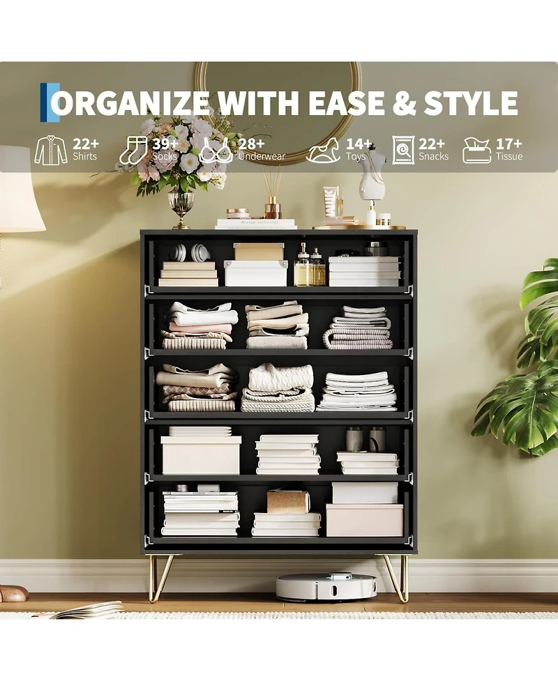 gaomon Fluted Dresser for Bedroom with 5 Drawers,32'' Wide Modern Chest of Wooden Drawers Metal Handle,Wide Clothes Storage Organizer