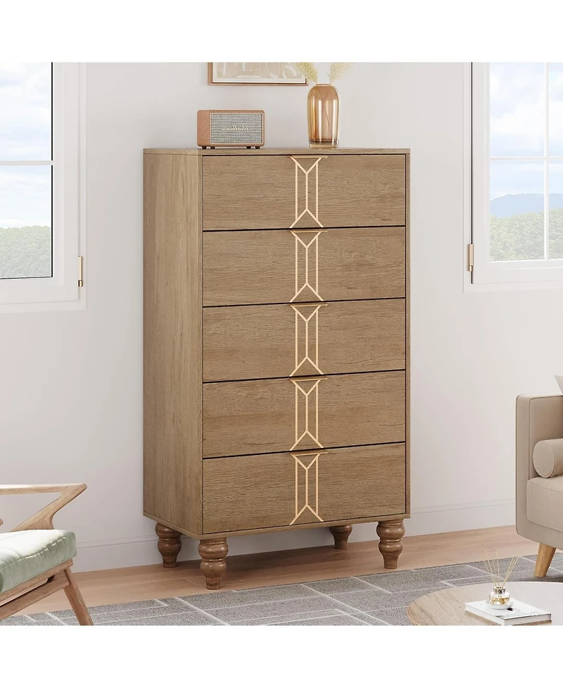 gaomon and Tall Wooden 5 Drawer Dresser with Vintage Pattern Design, Modern