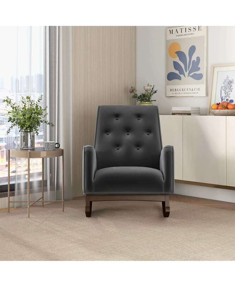 Flynama Elegant Demetrius Dark Grey Fabric Solid Wood Rocking Chair 300LBS Capacity for Living Room Nursery Bedroom Reading